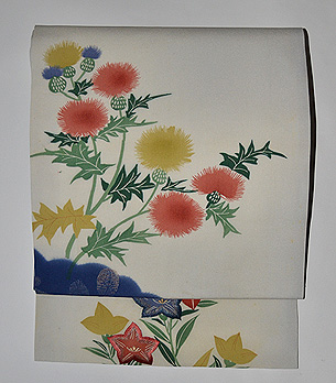 アザミと萩秋の図名古屋帯