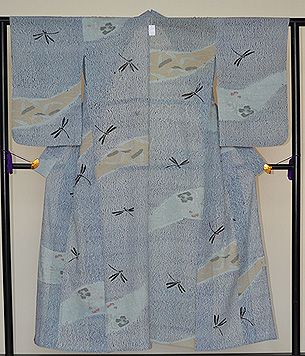 粟、芍薬、すすき、トンボの錦紗絞り単衣小紋