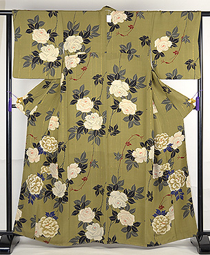 黄海松茶に白バラの小紋