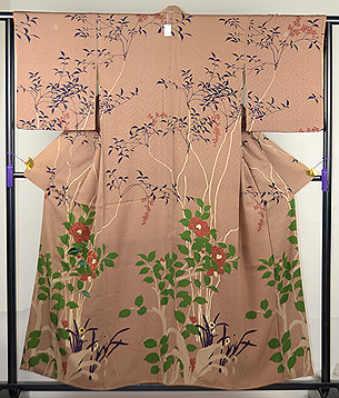 南天に椿の付下げ