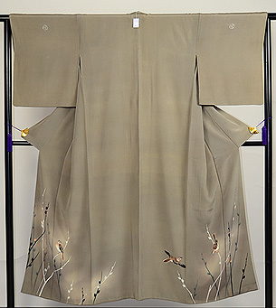 猫柳に百舌鳥一越縮緬付下