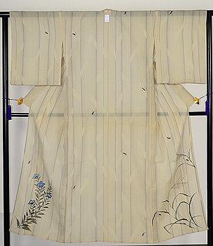 錦紗地縞とこおろぎに桔梗、薄の図お散歩着