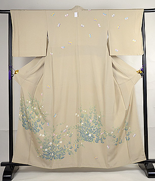 豆の花に紋白蝶付下訪問着