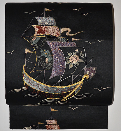 黒地帆船の刺繍名古屋帯
