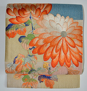 市松地に刺繍菊文様開き名古屋帯