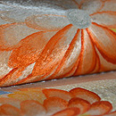 市松地に刺繍菊文様開き名古屋帯　質感・風合