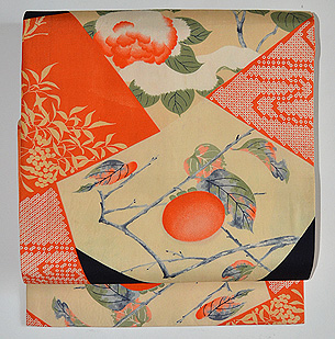 柿と牡丹の図名古屋帯