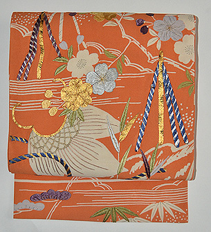 隠れ蓑に網干文様の図名古屋帯