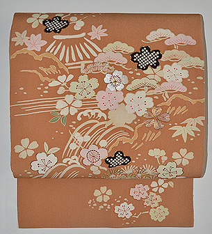 流水に松竹梅の図名古屋帯