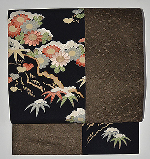 雪持ち笹に菊の図名古屋帯