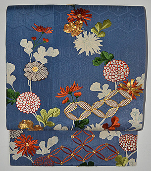 七宝つなぎに菊尽くし文開き名古屋帯