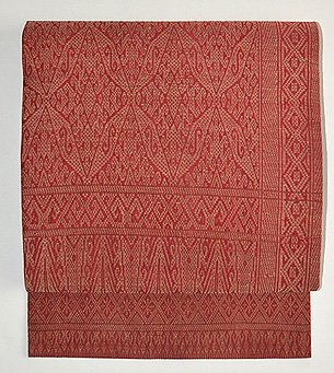 茜色格子文様浮かし織名古屋帯