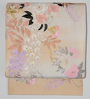 藤に八重桜刺繍開き名古屋帯