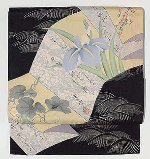 折り本に菖蒲の図染め名古屋帯