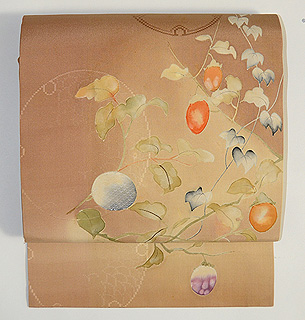 常盤色菊花に箔散らし文名古屋帯