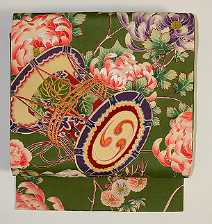 常盤色菊花に箔散らし文名古屋帯