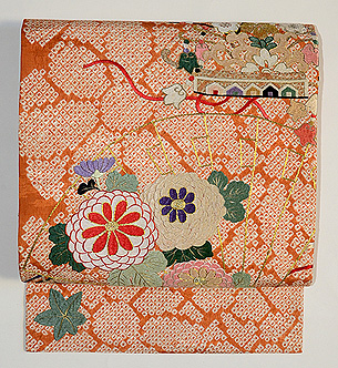 扇面に菊花刺繍名古屋帯