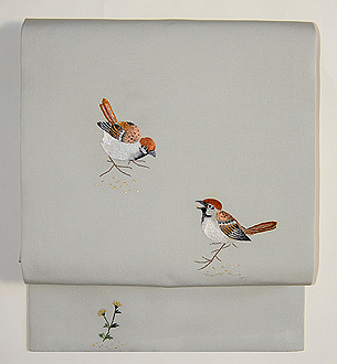 雀の刺繍名古屋帯