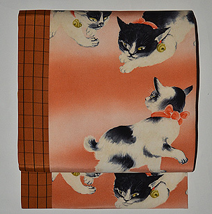 子猫模様に黄八丈名古屋帯