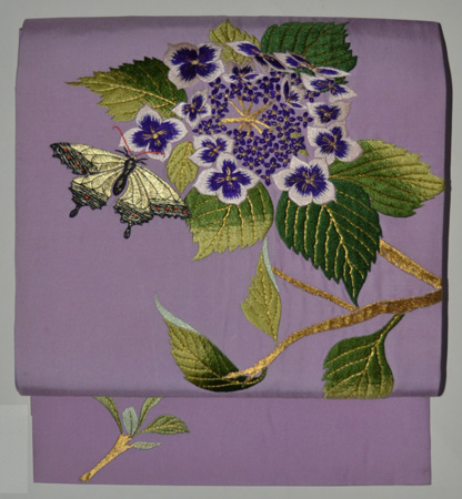 紫陽花に蝶々刺繍名古屋帯