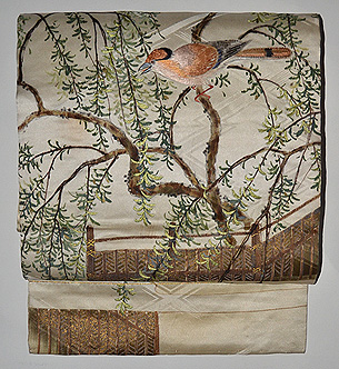 枝垂れ柳にヒレンジャク名古屋帯