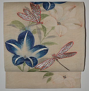 蜻蛉に桔梗の図麻夏帯