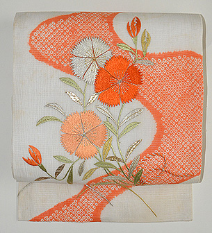 撫子に女郎花刺繍絽麻縮名古屋帯