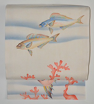 珊瑚に魚の図絽名古屋帯