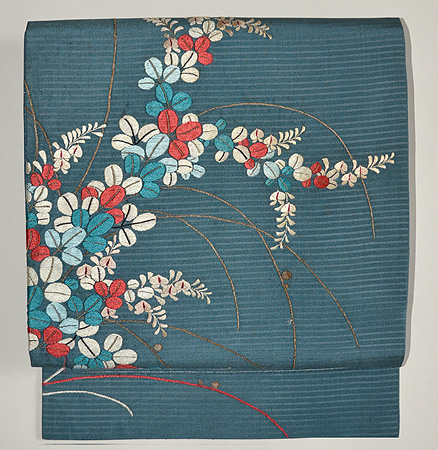 青地萩の刺繍名古屋帯