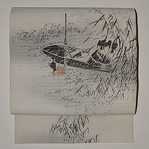 小舟に鵜の図名古屋帯