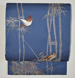 竹に雀の図織名古屋帯  