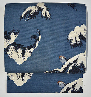 雪持ち松に雀の図名古屋帯