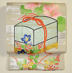 虫籠と秋草の刺繍袋帯