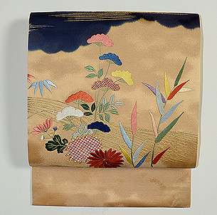 流水に秋草文様袋帯