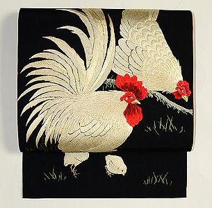 鶏とひよこの刺繍開き名古屋帯