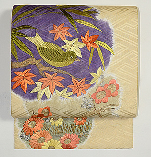 秋の花にメジロの図名古屋帯