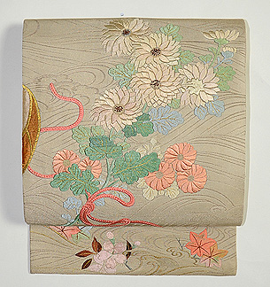 流水に束ね桜菊図開き名古屋帯