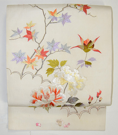 紅葉と牡丹刺繍名古屋帯 - アンティーク着物の灯屋2