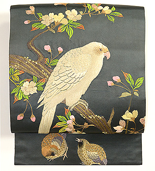 枝桜と鳥達の図刺繍名古屋帯