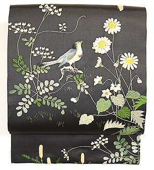 春の草花と鳥の図刺繍帯