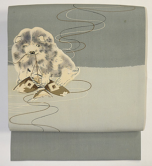 凧と遊ぶ犬の図名古屋帯