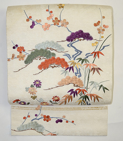 流水に松竹梅、菊の刺繍名古屋帯 - アンティーク着物の灯屋2