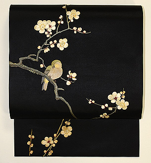 梅枝に鶯刺繍帯