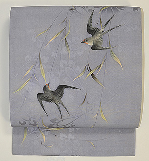 枝垂れ柳に燕の図名古屋帯