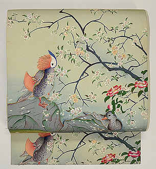 桜下に鴛鴦の図名古屋帯