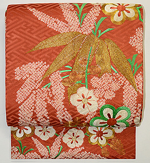 紋綸子梅刺繍名古屋帯