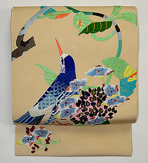 紫陽花と青い鳥刺繍名古屋帯