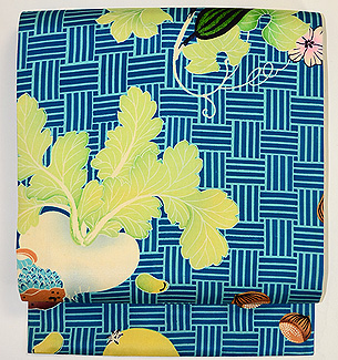 おもしろ柄網代に夏野菜の図名古屋帯