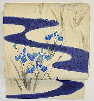 流水に菖蒲の図名古屋帯