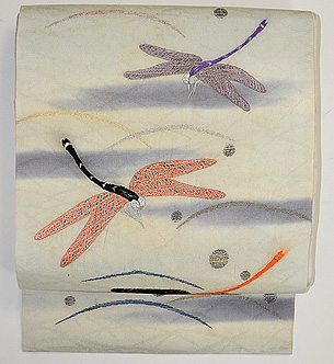 露芝に蜻蛉の図刺繍名古屋帯